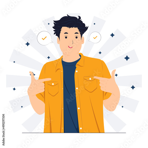 Successful business man dressed in stylish suit with confidence, pointing himself with fingers proud and happy, high self esteem, concept illustration