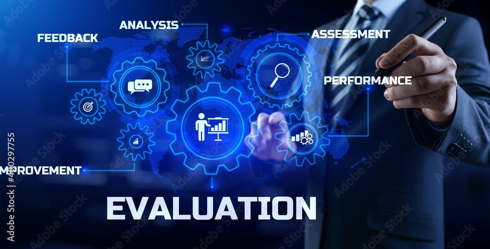 Evaluation Assessment Customer service feedback. Businessman pressing button on screen.