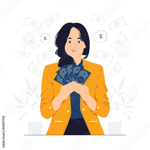 Businesswoman thinking where go vacation and how invest earned dollars, hold cash and looking up thoughtful. Business, finance and employment, entrepreneur and money concept illustration