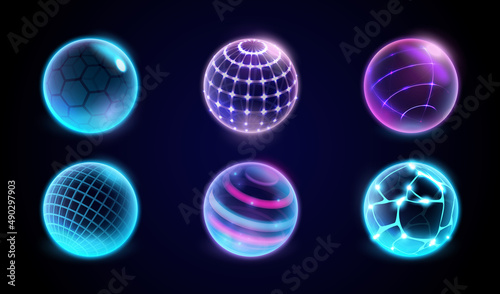 Neon balls with mesh protective barrier for security. Vector set of futuristic spheres with glowing and illumination. Cyberspace and defense. Abstract circular objects with shining smooth surface