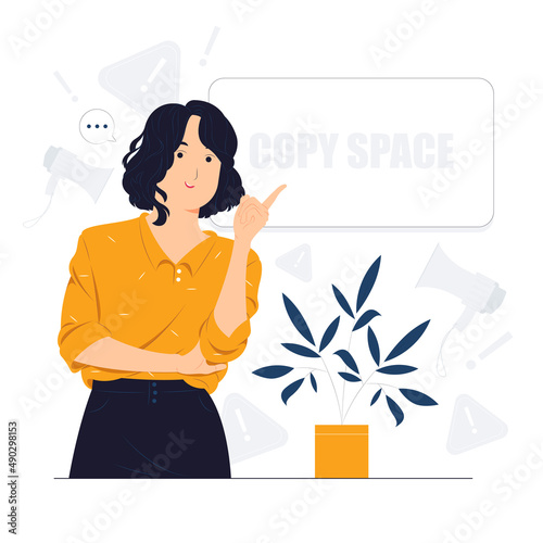 Beautiful woman showing and pointing fingers upper left and right corner with happy expression advices use this copy space wisely concept illustration