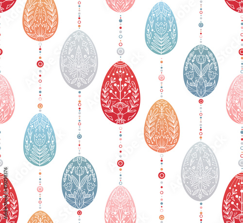 Vector seamless pattern with garlands of hanging Easter eggs with a folk pattern. Festive texture with a treat with a folk pattern on a white background. Backdrop for fabrics and wallpapers