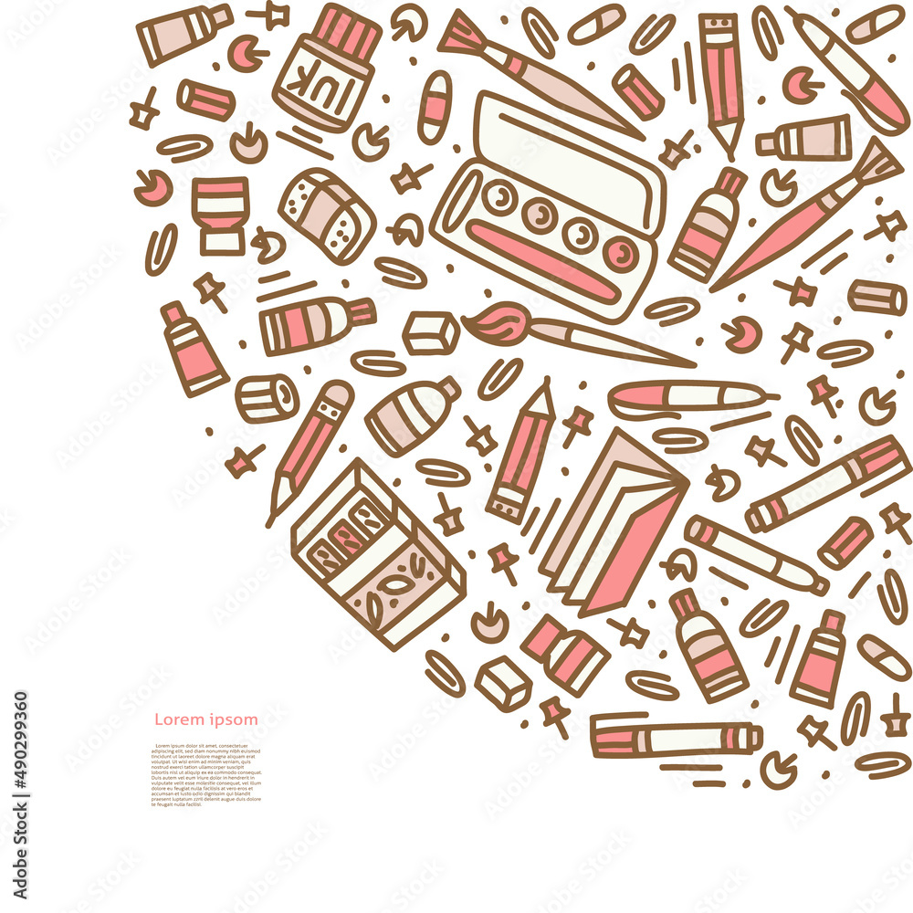 Back to school doodle style template. Stationery vector isolated illustration