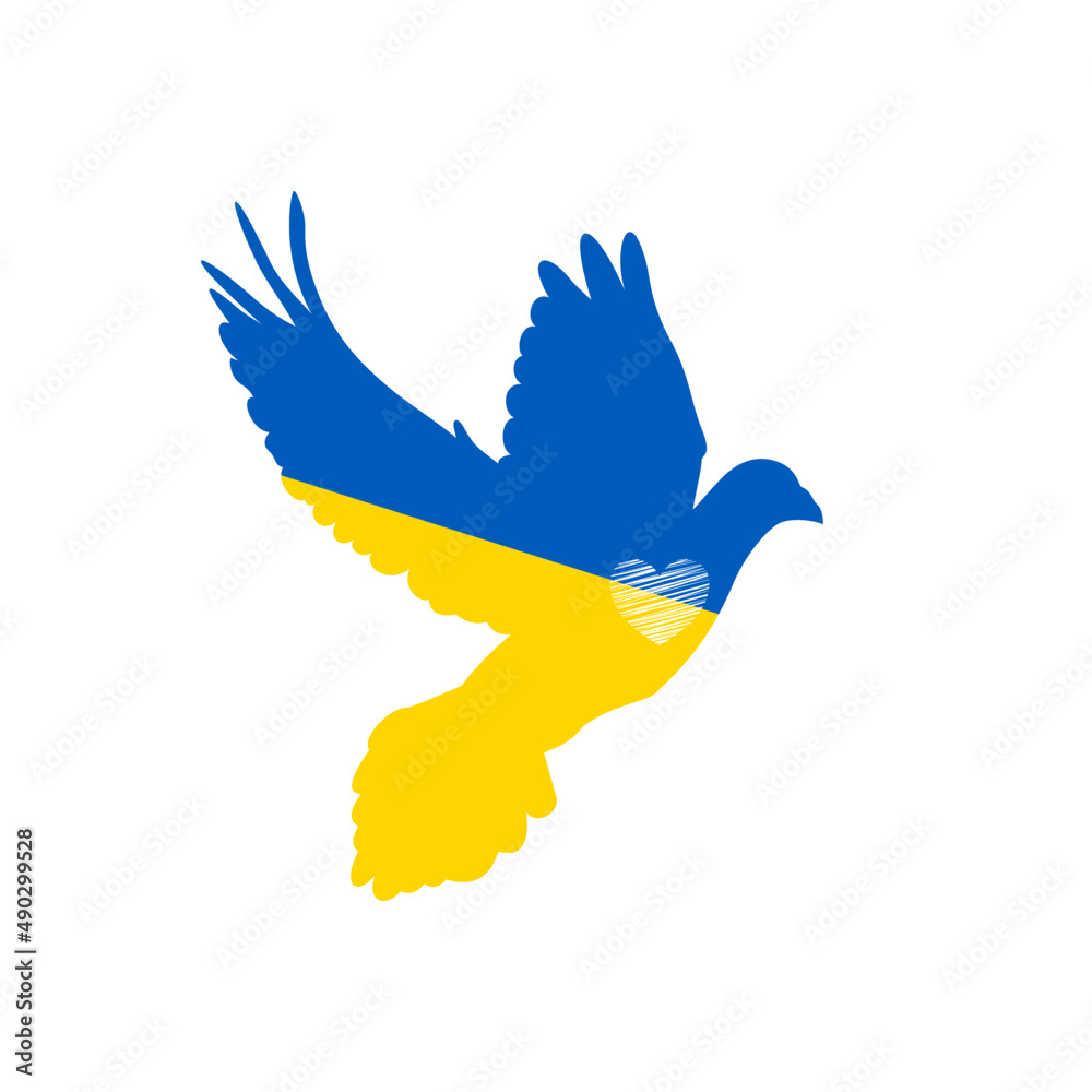 Wzlatujący ptak w barwach Ukraińskiej flagi. Gołąbek pokoju. Powiedz "NIE" wojnie. Modlitwa za Ukrainę.	 - obrazy, fototapety, plakaty 