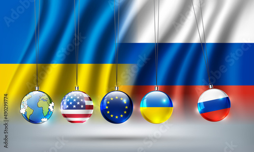 Russia vs Ukraine war affect all countries in the world concept, Russia Ukraine Europe USA flag in form of Newton cradle on Ukraine and Russia flag background, vector illustration photo