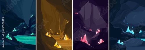 Collection of caves with different crystals. Underground landscapes in portrait format.