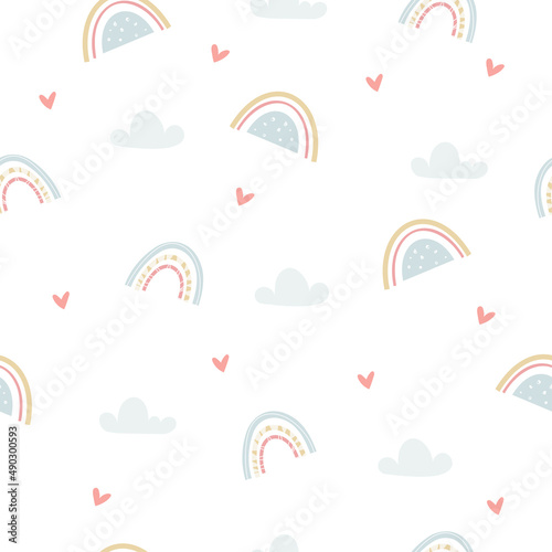 Seamless childish pattern with hand drawn rainbows, clouds and hearts, .Creative scandinavian kids texture for fabric, wrapping, textile, wallpaper, apparel. Vector background illustration.