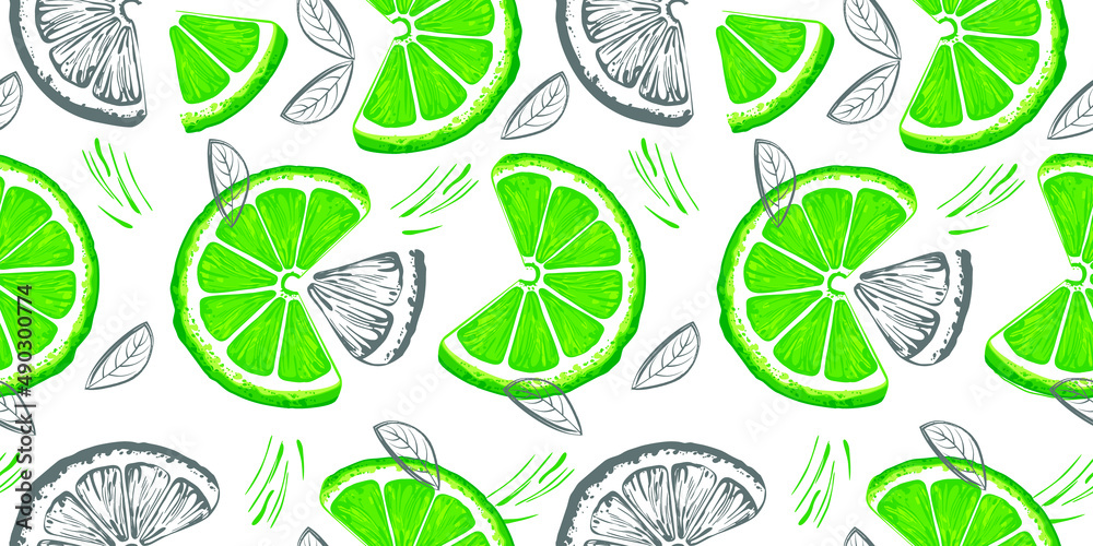 Lime seamless pattern. Colorful sketch lemons. Citrus fruit background. Elements for menu, greeting cards, wrapping paper, cosmetics packaging, posters etc Lime seamless pattern. Colorful sketch lemons. Citrus fruit background. Elements for menu, greeting cards, wrapping paper, cosmetics packaging, posters etc