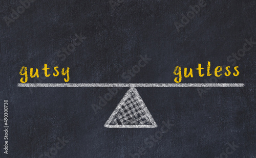 Chalk drawing of scales with words gutsy and gutless. Concept of balance