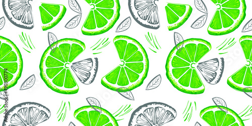 Lime seamless pattern. Colorful sketch lemons. Citrus fruit background. Elements for menu  greeting cards  wrapping paper  cosmetics packaging  posters etc