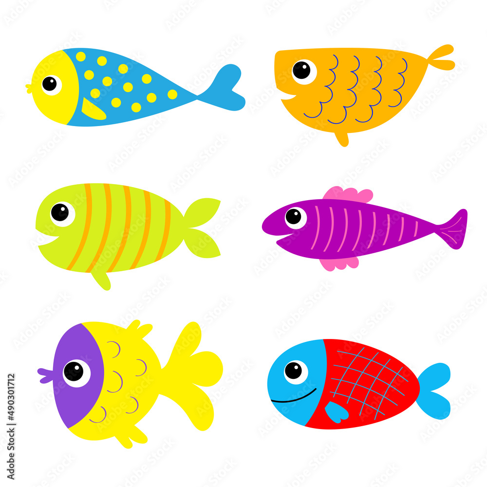 Fish icon set. Cute kawaii cartoon funny baby character. Marine life. Colorful aquarium sea ocean animals. Sticker print. Kids collection. Isolated. White background. Flat design.