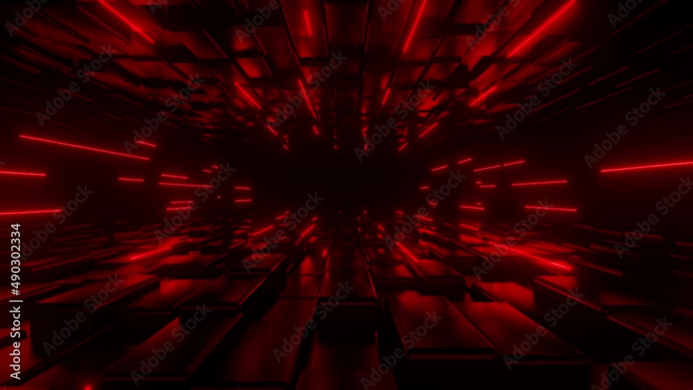 Back moving along dark tunnel illuminated by neon red lights. Digital space. Cyberspace decor element. VJ loop motion background. 4K animation - 3D Render