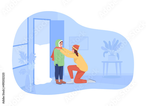 Dressing warm 2D vector isolated illustration. Mother and son expecting winter walk flat characters on cartoon background. Wintertime colourful scene for mobile, website, presentation
