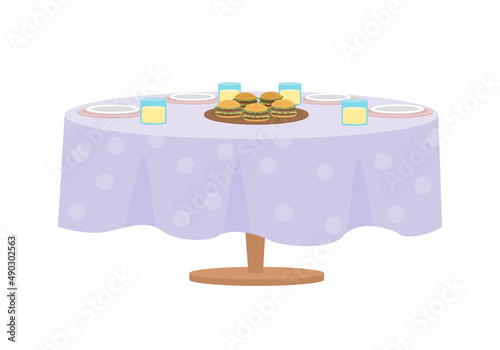Table served for party semi flat color vector object. Full sized item on white. Interior element. Part of house arrangement simple cartoon style illustration for web graphic design and animation