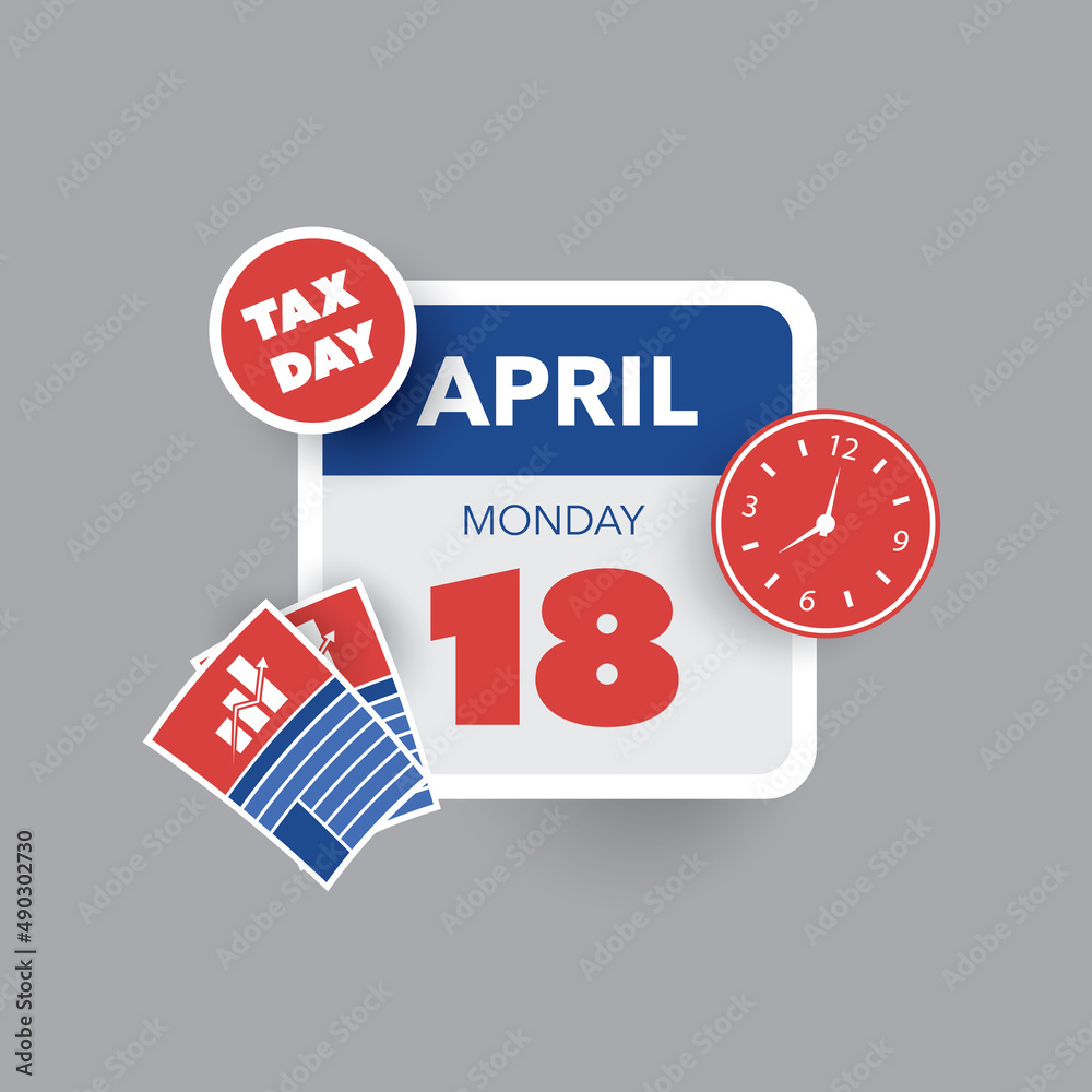 Tax Day Reminder Concept - Calendar Design Template - USA Tax Deadline, Due Date for IRS Federal Income Tax Returns:18th April, Year 2023