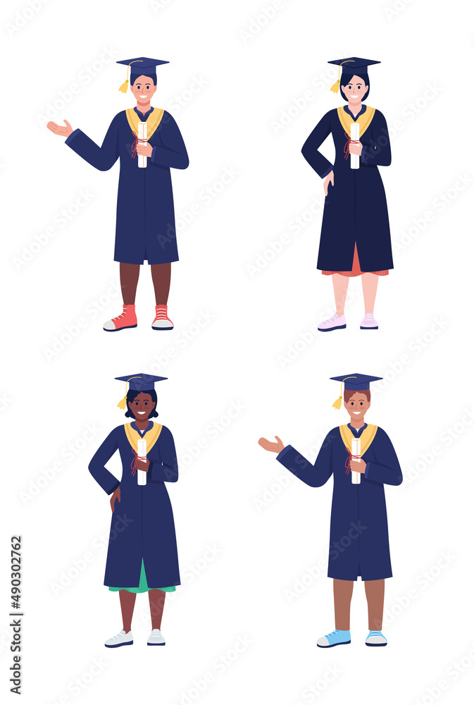 University and school graduates semi flat color vector characters set. Standing figures. Full body people on white. Ceremony simple cartoon style illustration for web graphic design and animation pack