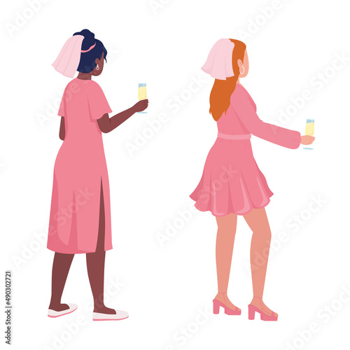 Ladies in pink semi flat color vector characters set. Standing figures. Full body people on white. Festive celebration simple cartoon style illustration for web graphic design and animation pack