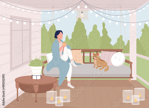 Girl drinking tea flat color vector illustration. Girl sitting on swing with her dog. Scandinavian style. Cozy and comfortable terrace 2D simple cartoon character with patio on background