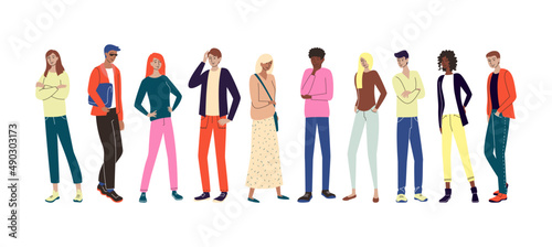 Set of people. Vector flat illustration of diverse cartoon men and women of different nationalities, ages and body types. Isolated on white background.
