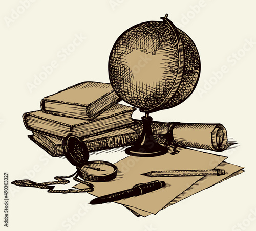Vector still life: a globe, books, map and compass
