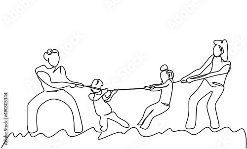happy family getting together and playing tug of war