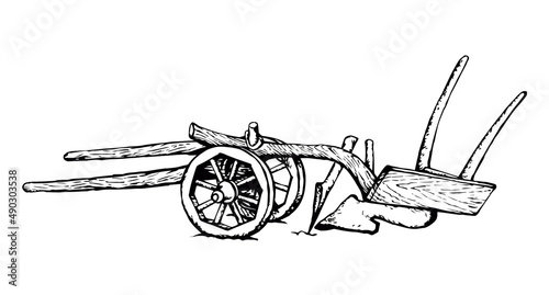 Ancient plow. Vector drawing object