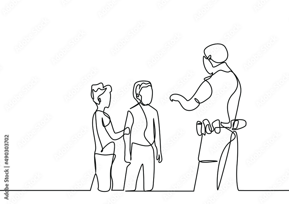 a police security guard is checking two kids a police security guard is checking two kids