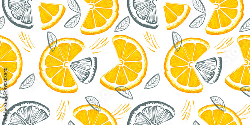 Orange seamless pattern. Colorful sketch lemons. Citrus fruit background. Elements for menu, greeting cards, wrapping paper, cosmetics packaging, posters etc