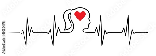 Ecg, ekg cardio diagnosis, woman profile head, red heart vector lineart. Heart rhythm vector design to use in healthcare, healthy lifestyle, medicine and ekg, ecg concept illustration projects.