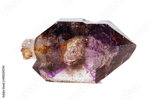 macro mineral stone Amethyst on smoky quartz on a white background