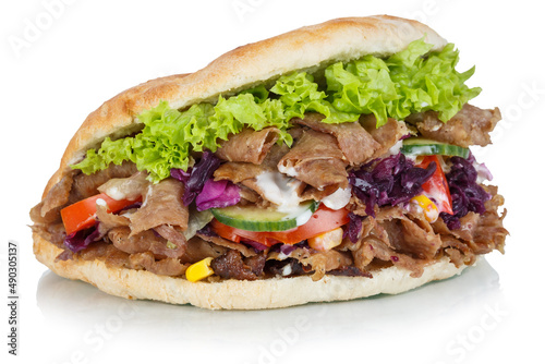 Döner Kebab Doner Kebap fast food in flatbread isolated on a white background photo