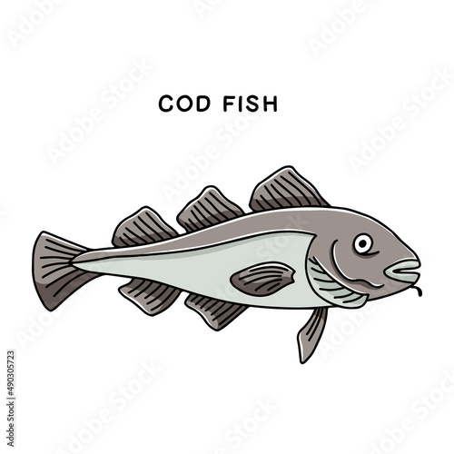 Hand-drawn cod fish icon. Useful food product. Vector illustration in doodle style isolated on white background
