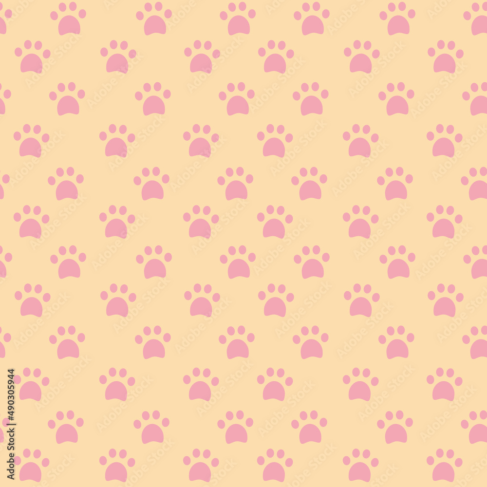 Seamless pattern with traces of cats paws, witchs familiar, mica nap on a yellow background. Vector illustration Seamless pattern with traces of cats paws, witchs familiar, mica nap on a yellow background. Vector illustration