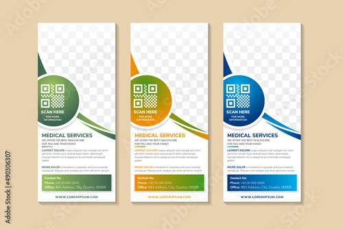 health care and medical roll up design, standee and banner template decoration for exhibition, printing, presentation and brochure flyer concept vector illustration. space for photo and text
