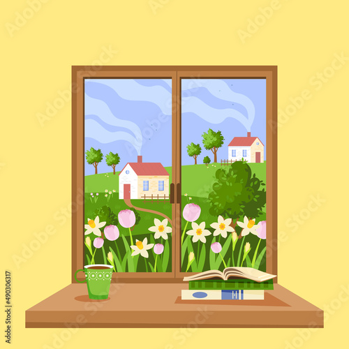 Spring time.  Wooden window overlooking the rural landscape.  Beautiful country scene.  Spring morning with blooming fragrant flowers.  Nature at different times of the year.  Vector illustration.