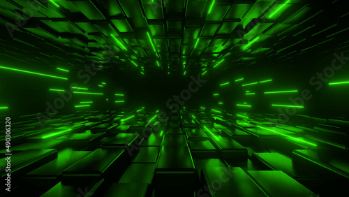 Dark tunnel illuminated by neon green lights. Digital space. Cyberspace decor element. Motion background. 3D Render