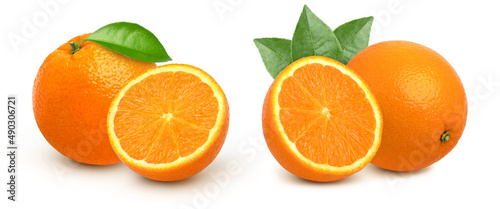 Orange with leaves and half isolated on white background, cut out