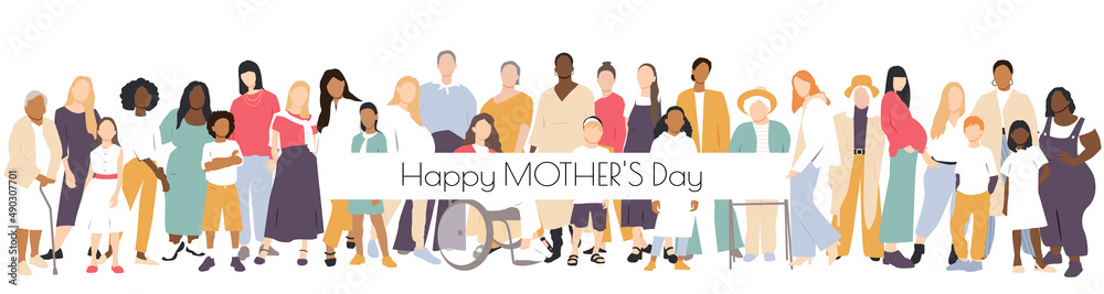 Happy Mother's Day card. Multicultural group of mothers with kids collection. Flat vector illustration. Happy Mother's Day card. Multicultural group of mothers with kids collection. Flat vector illustration.