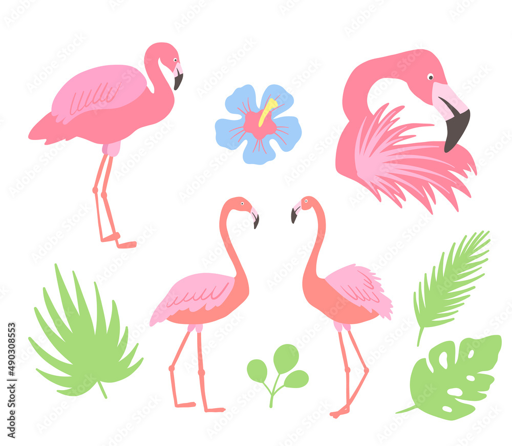 Obraz premium Flamingo pink bird. Hibiscus flowers and palm leaves. Tropical collection for summer beach party. Vector illustration isolated on white background.