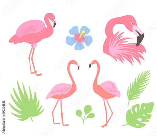 Flamingo pink bird. Hibiscus flowers and palm leaves. Tropical collection for summer beach party. Vector illustration isolated on white background.