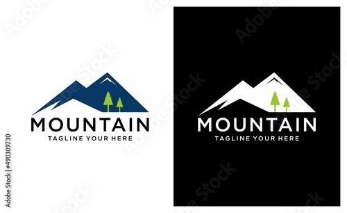 Mountain and pine tree logo. Nature hill landscape logo. Evergreen vector on a black and white background.