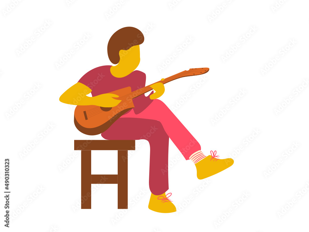 Fototapeta premium The guitarist sits on a stool and plays the guitar. Vector illustration.