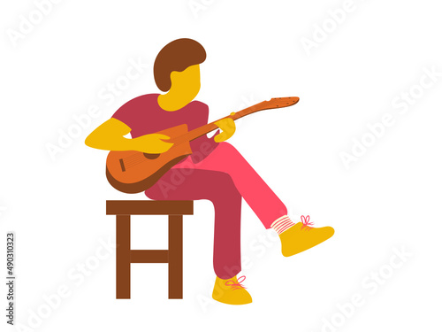 The guitarist sits on a stool and plays the guitar. Vector illustration.