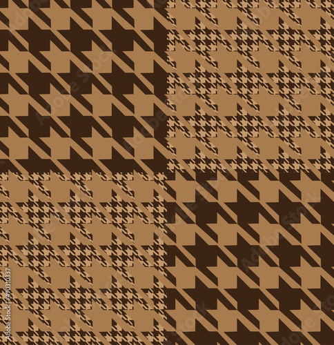 Hounds tooth patchwork pattern. Brown glen check fabric swatch.