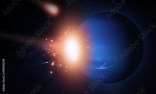 Asteroid Hitting Neptune Planet. Amazing Cosmos event and Mother Nature Scene 
