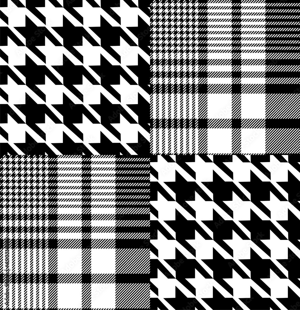 Hounds tooth patchwork pattern. Black and white glen check fabric swatch.