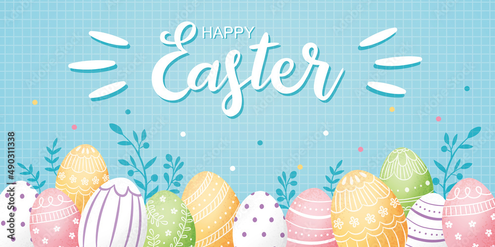 Easter banner with Easter eggs on blue background.