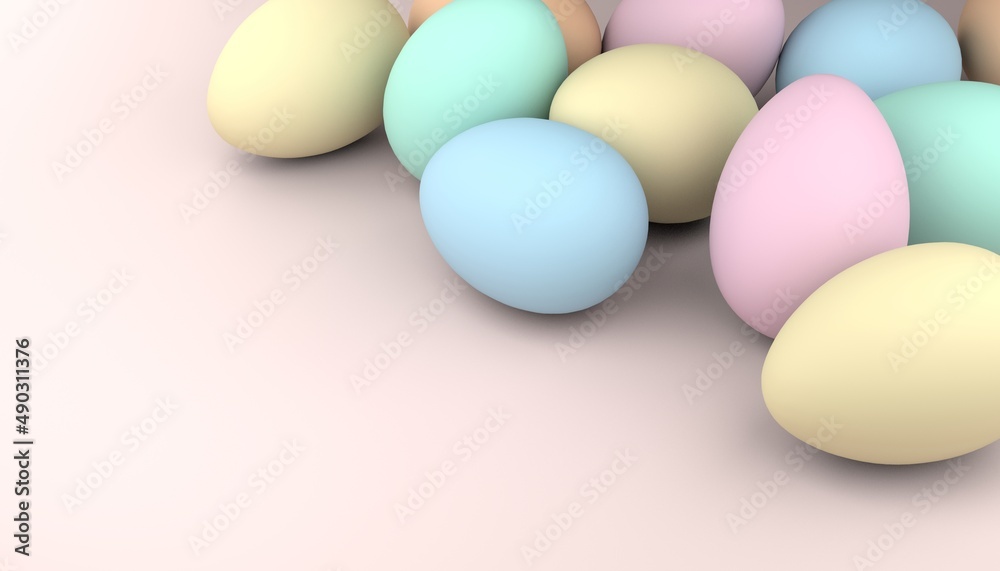 Colorful Easter eggs on pastel pink background. 3D rendering.