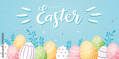 Easter banner with Easter eggs on blue background.