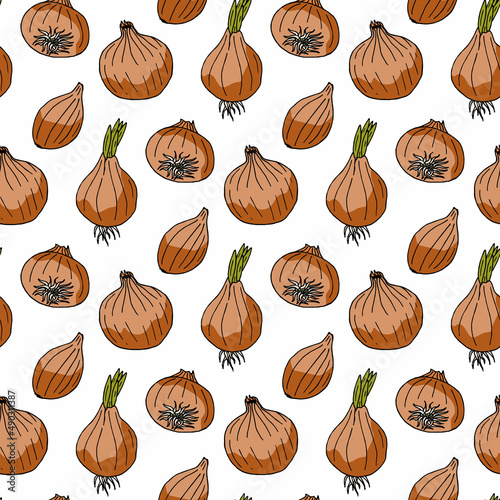 Seamless pattern with creative onions on white background. Vector image.